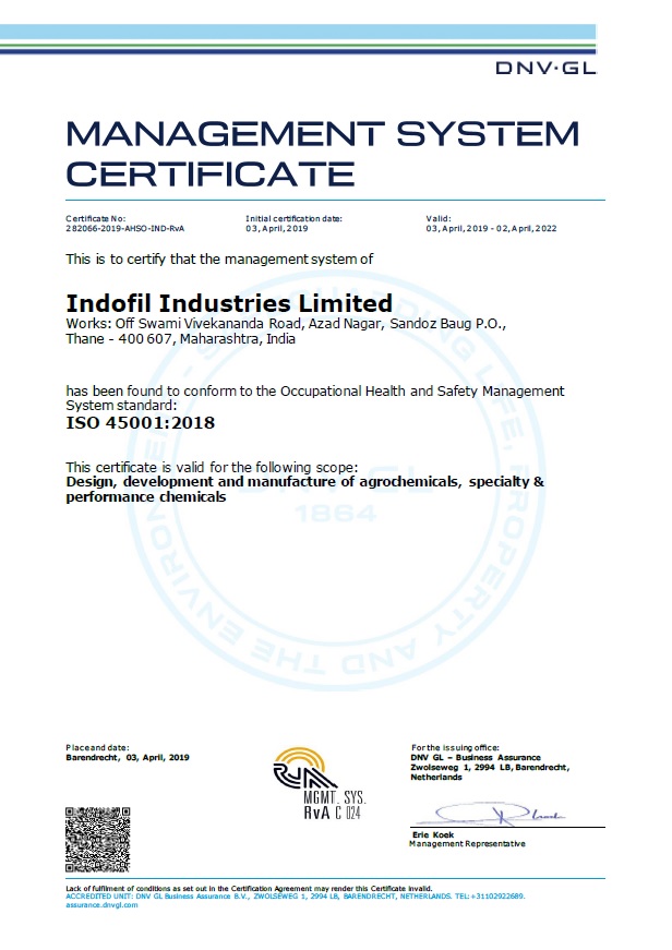 ISO 45001:2018 Certificate Indofil Thane